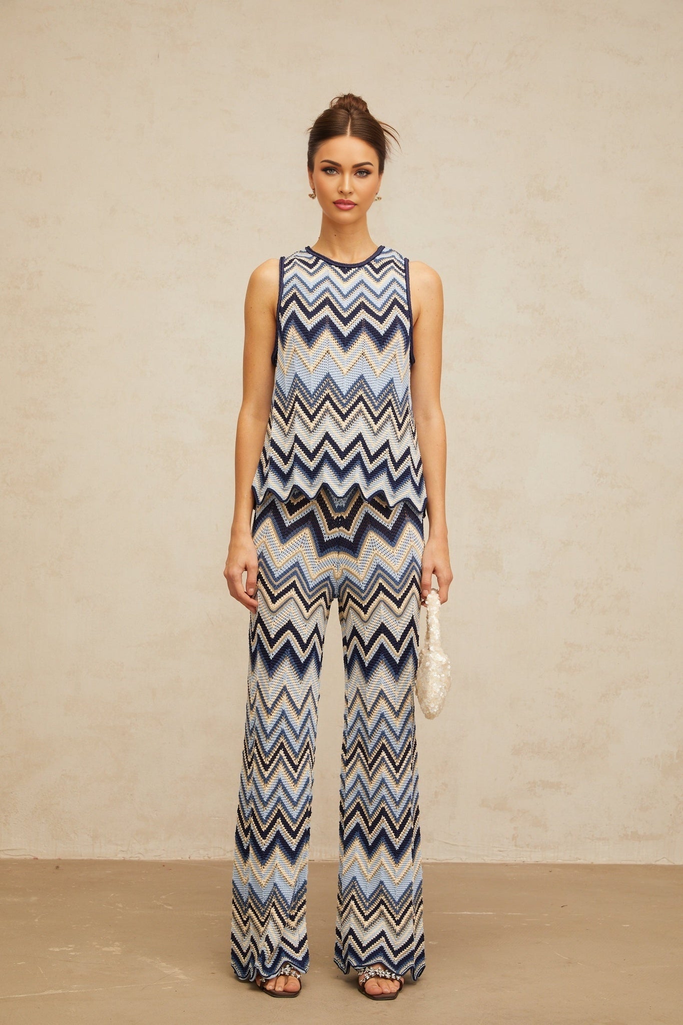 Adelina Zigzag Knit Top & Trousers Set - Metallic Threading - Scallop Hem - Elasticated Waistband - High Rise