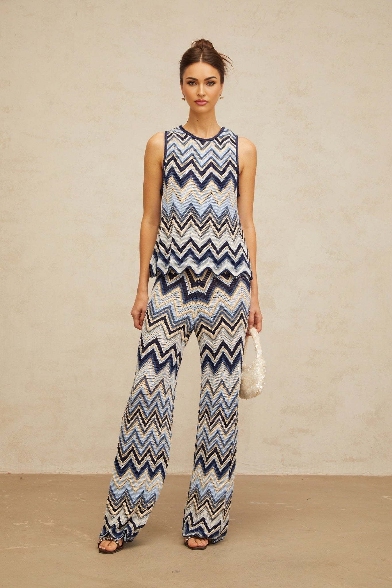 Adelina Zigzag Knit Top & Trousers Set - Metallic Threading - Scallop Hem - Elasticated Waistband - High Rise
