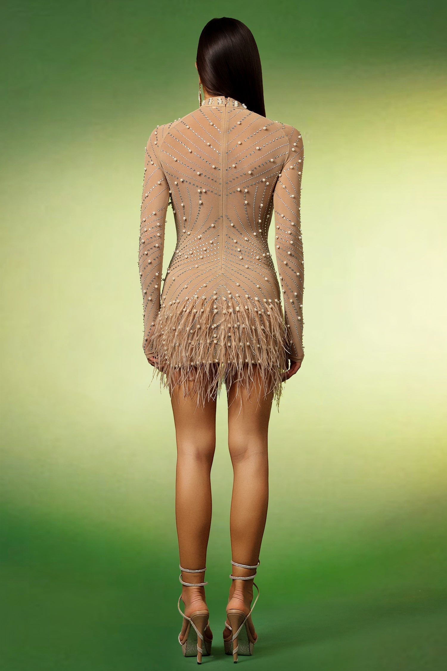 Adelyn Beige Pearl Diamond Detail Mini Dress