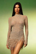 Adelyn Beige Pearl Diamond Tassel Mini Dress