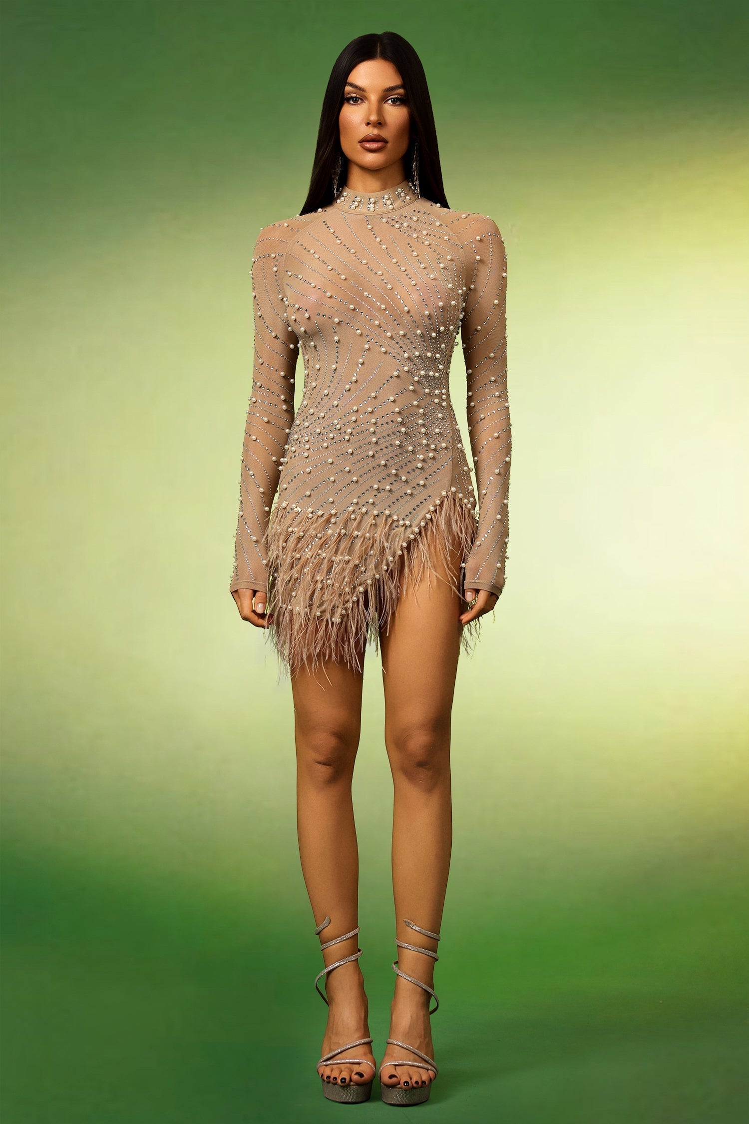 Adelyn Beige Pearl Diamond Tassel Mini Dress