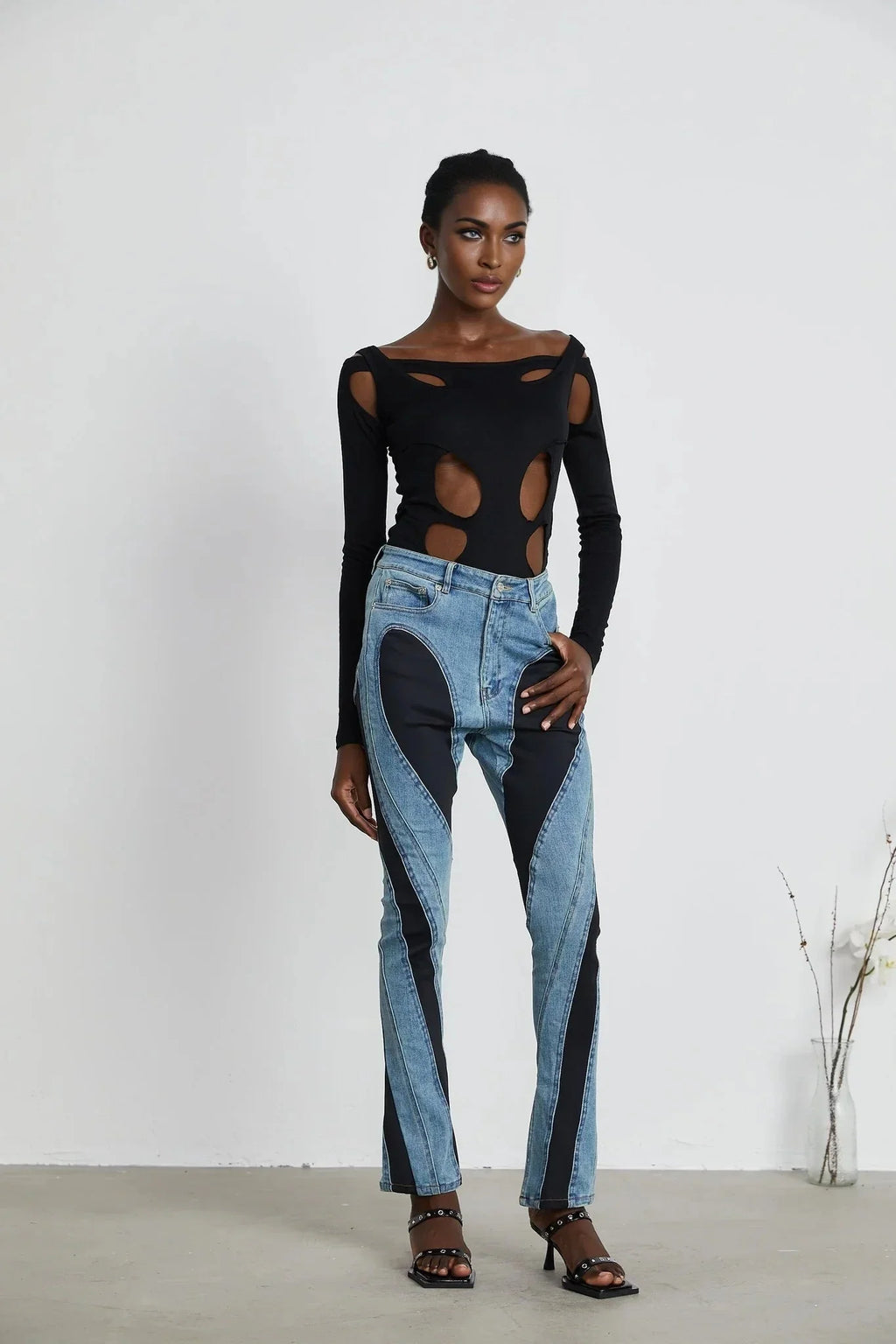Adelyn Jeans - Stretch Denim Panelled Design Belt Loop Button Fly Pockets