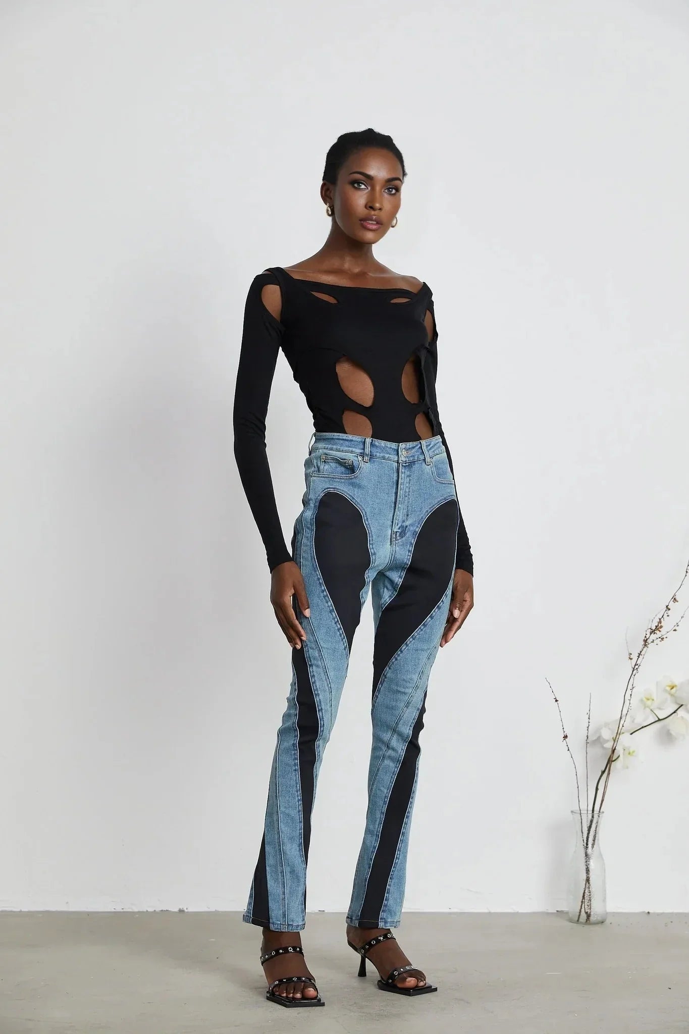 Adelyn Jeans - Stretch Denim Panelled Design Belt Loop Button Fly Pockets