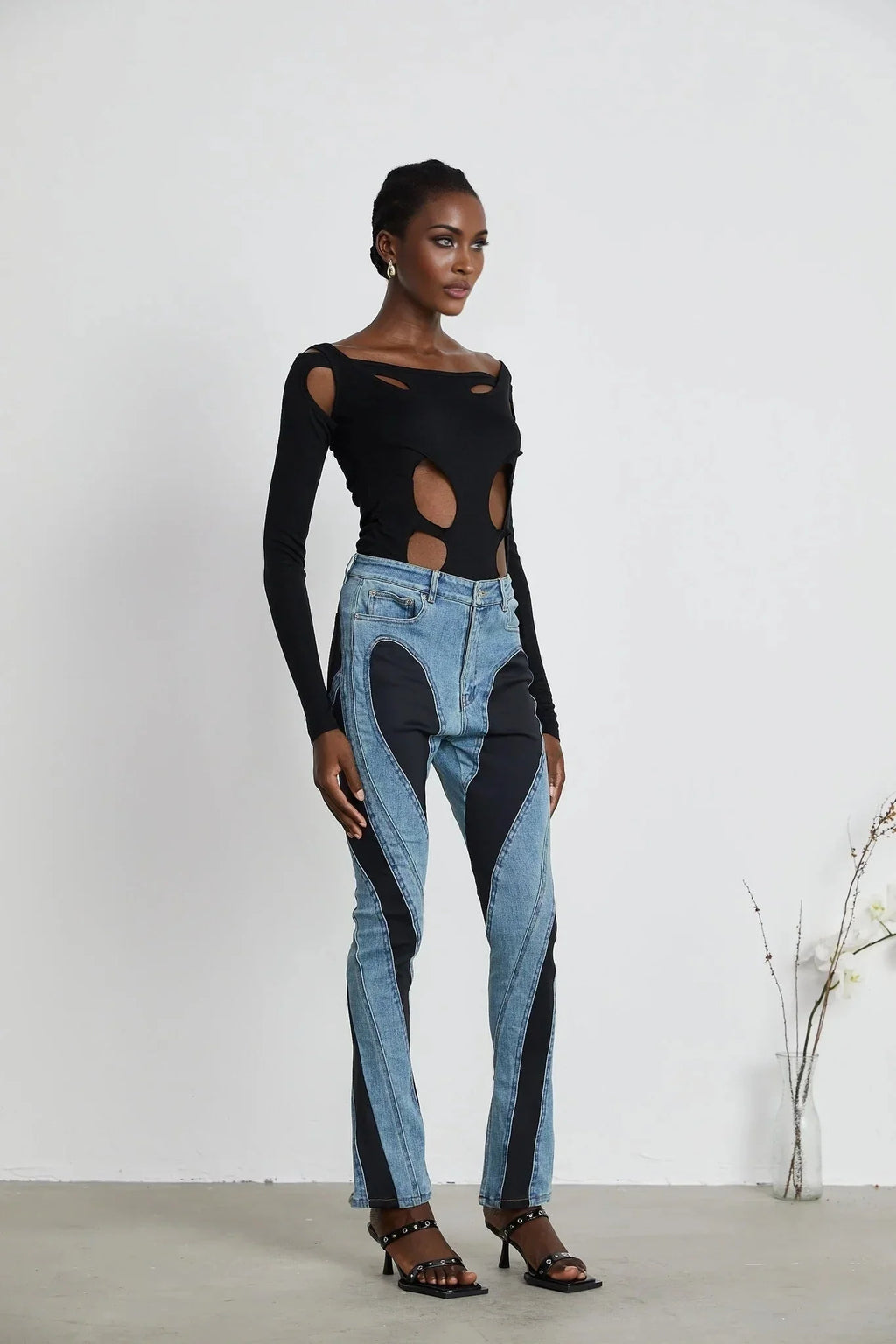 Adelyn Jeans - Stretch Denim Panelled Design Belt Loop Button Fly Pockets