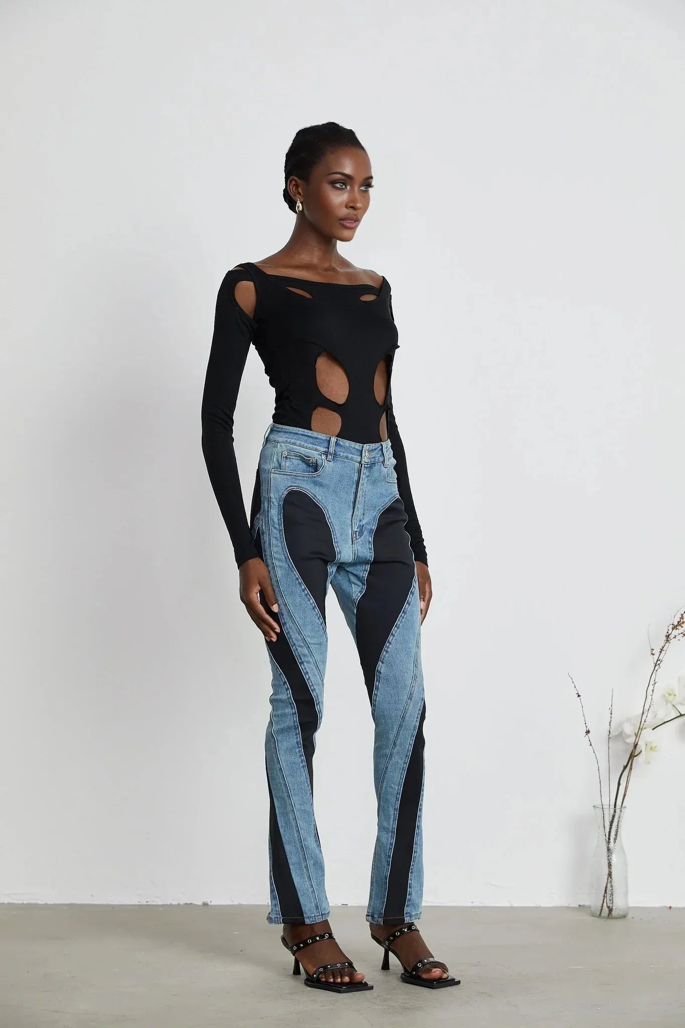 Adelyn Jeans - Stretch Denim Panelled Design Belt Loop Button Fly Pockets