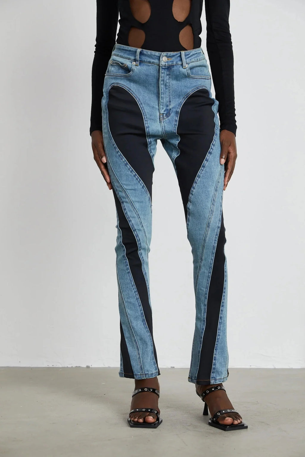 Adelyn Jeans - Stretch Denim Panelled Design Belt Loop Button Fly Pockets