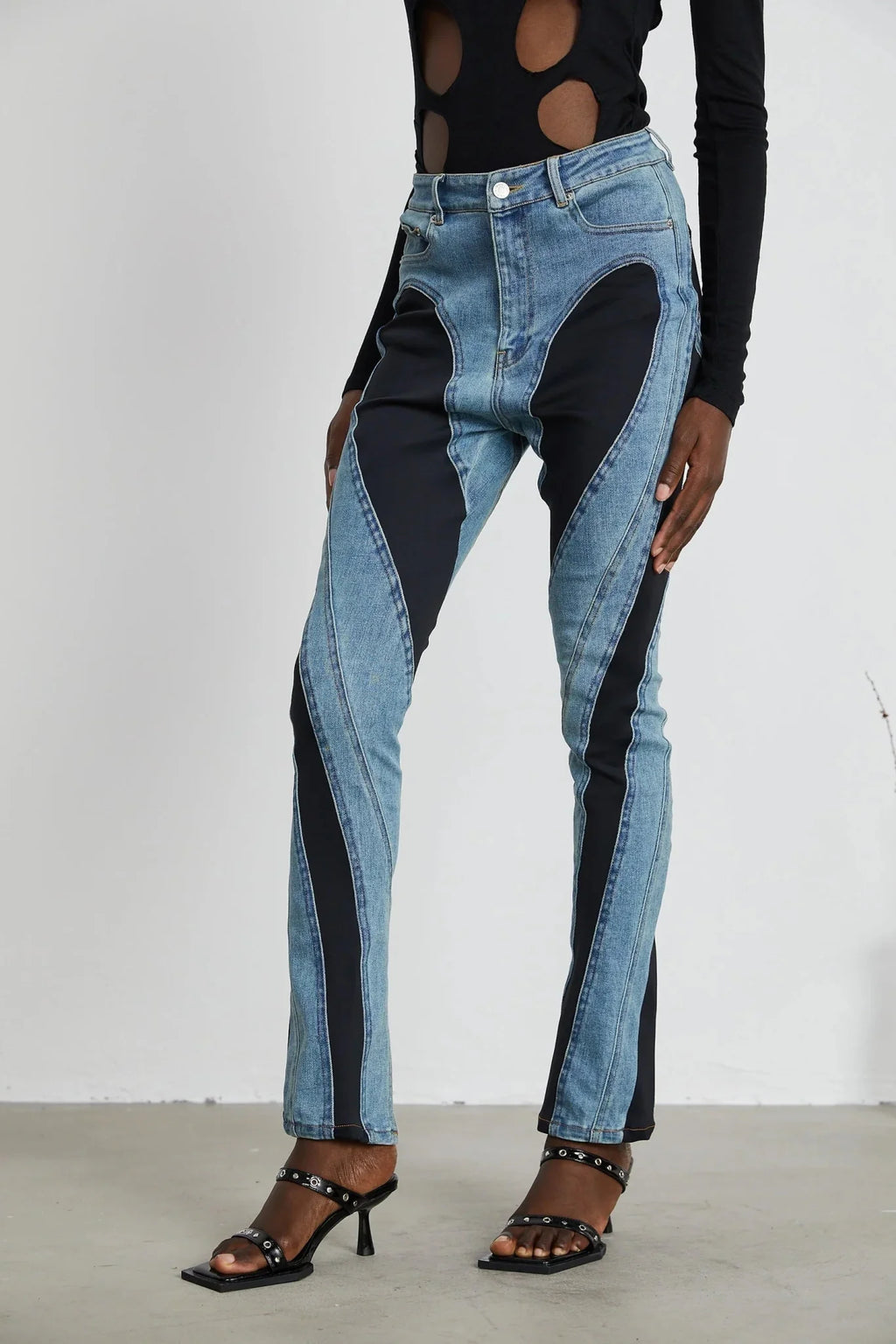 Adelyn Jeans - Stretch Denim Panelled Design Belt Loop Button Fly Pockets