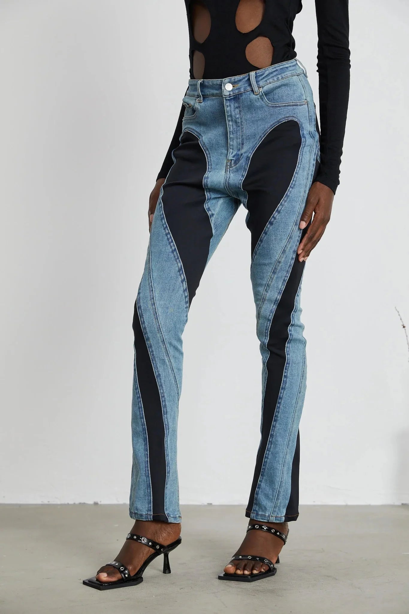 Adelyn Jeans - Stretch Denim Panelled Design Belt Loop Button Fly Pockets