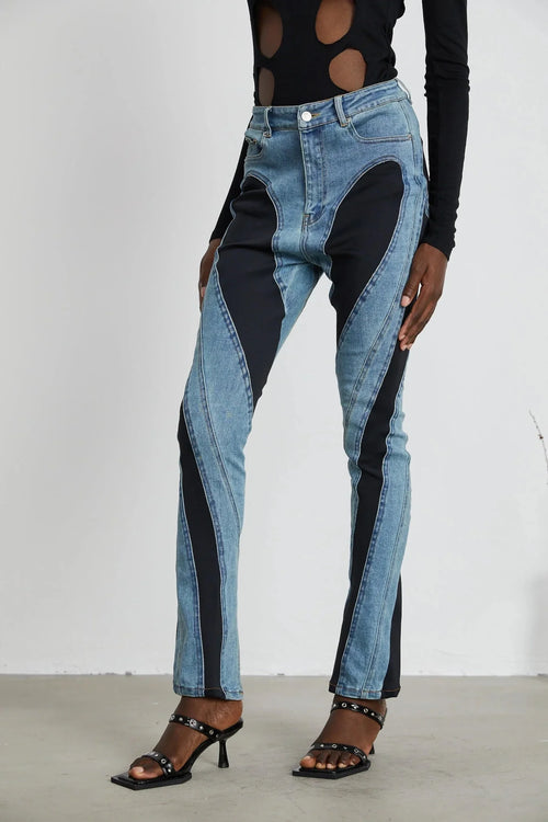 Adelyn Jeans - Stretch Denim Panelled Design Belt Loop Button Fly Pockets