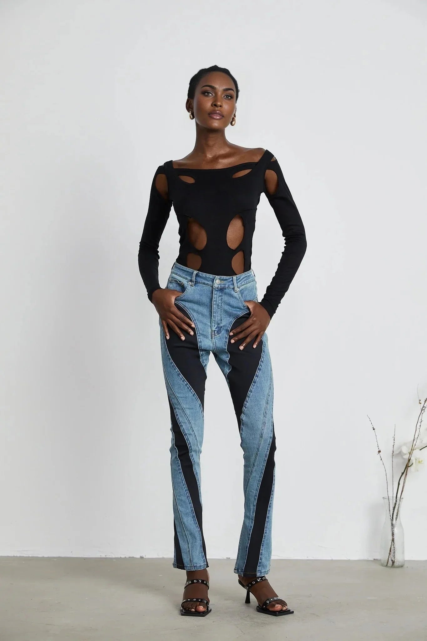 Adelyn Jeans - Stretch Denim Panelled Design Belt Loop Button Fly Pockets