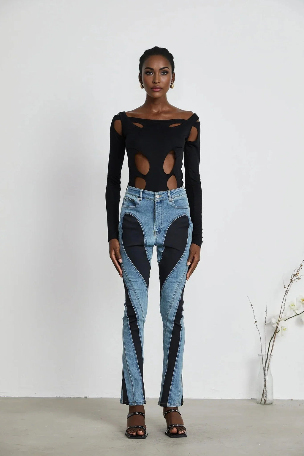 Adelyn Jeans - Stretch Denim Panelled Design Belt Loop Button Fly Pockets