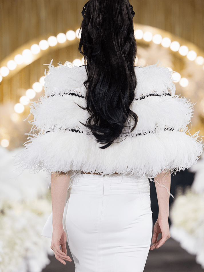 Adriana Feather - Embellished Cape - Luxurious Ostrich Feathers - Statement Design - Contrasting Trim - Relaxed Fit