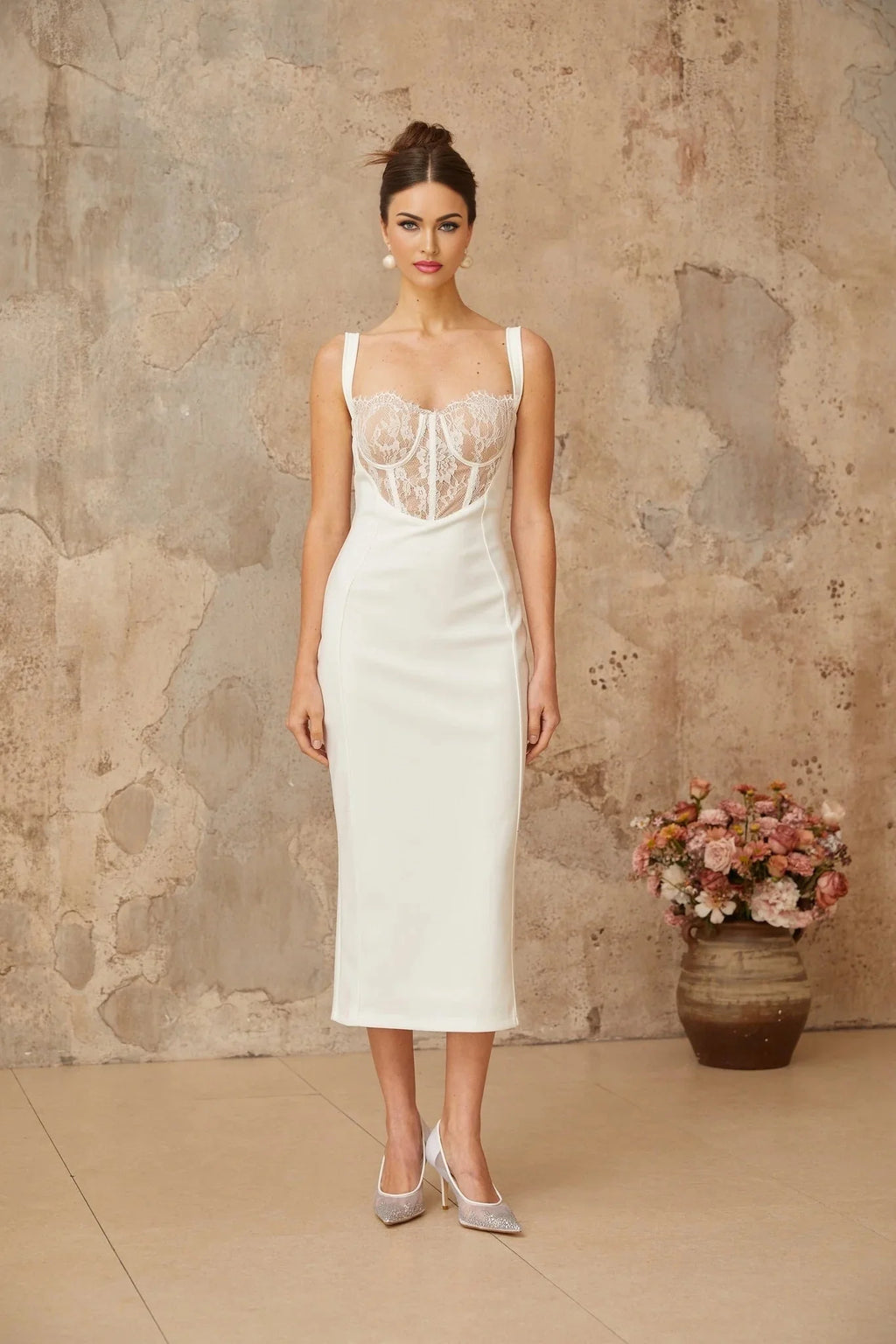 Adriana Midi Dress White Lace - panel Corset Fitted Silhouette & Rear Slit