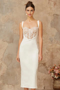 Adriana Midi Dress White Lace - panel Corset Fitted Silhouette & Rear Slit