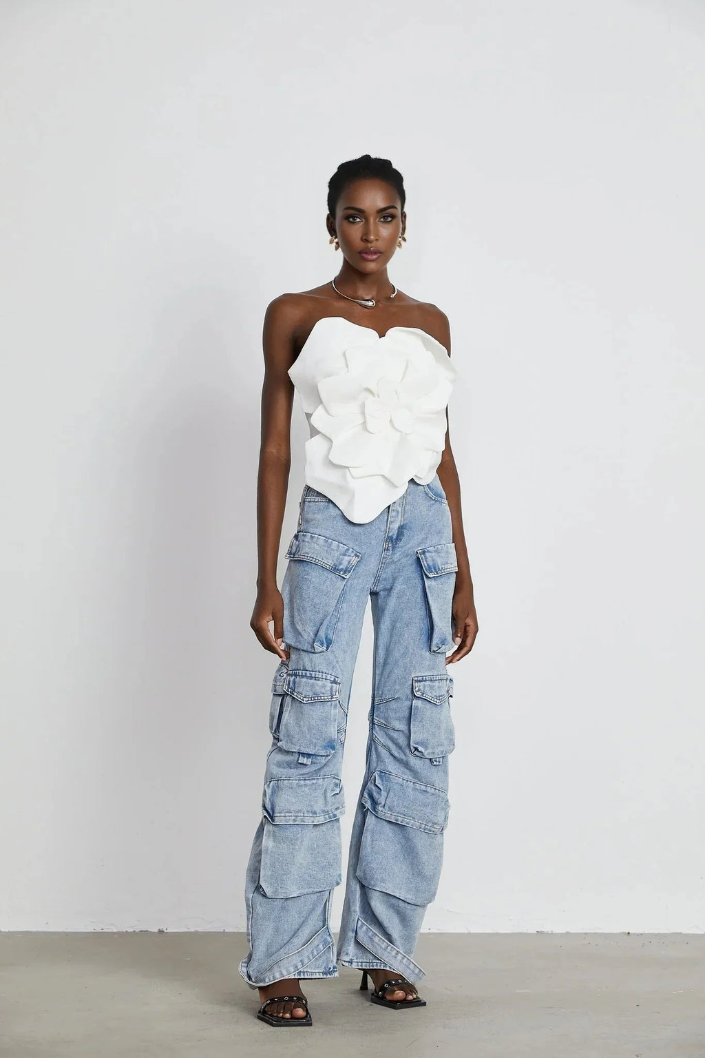 Adrianna Floral Top - Off the Shoulder Design - Sleeveless - Floral Appliqu Detailing - Cropped Length