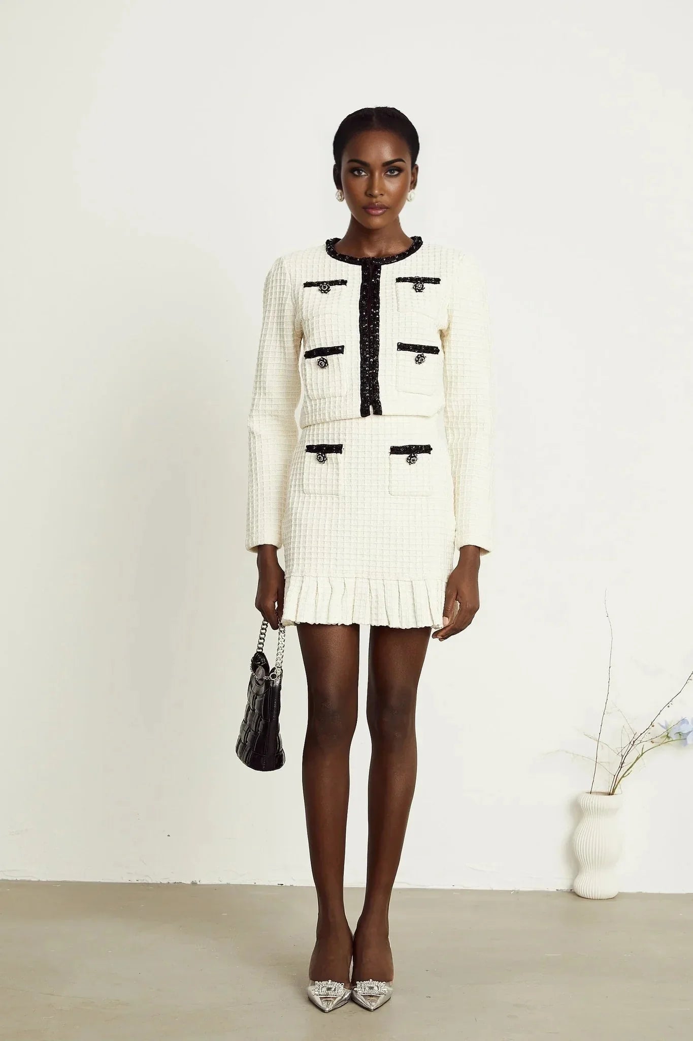 Adrianna Jacket & Skirt - Waffle Knit Texture - Bead Embellishments - Cropped Jacket Style - Pleated Hem