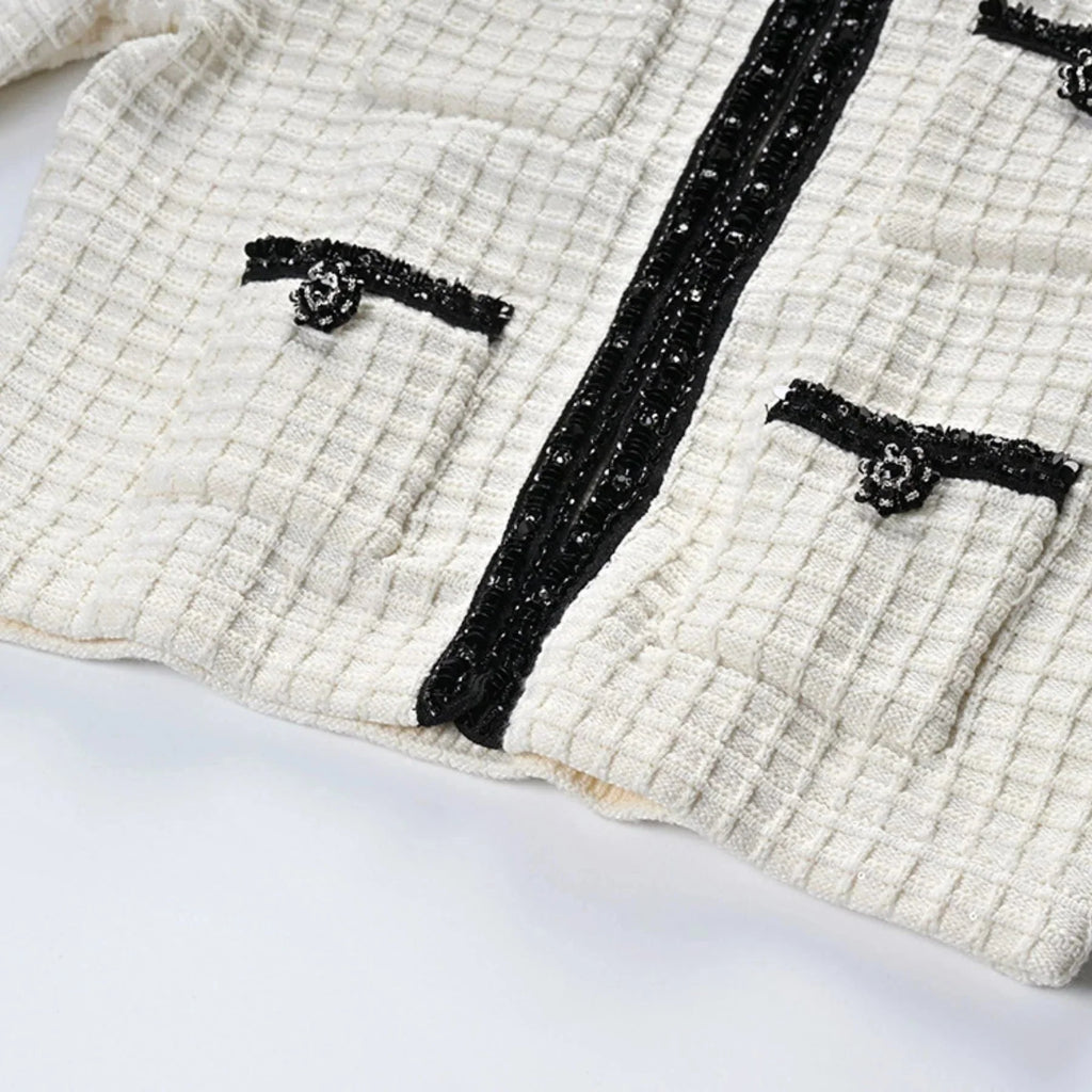 Adrianna Jacket & Skirt - Waffle Knit Texture - Bead Embellishments - Cropped Jacket Style - Pleated Hem