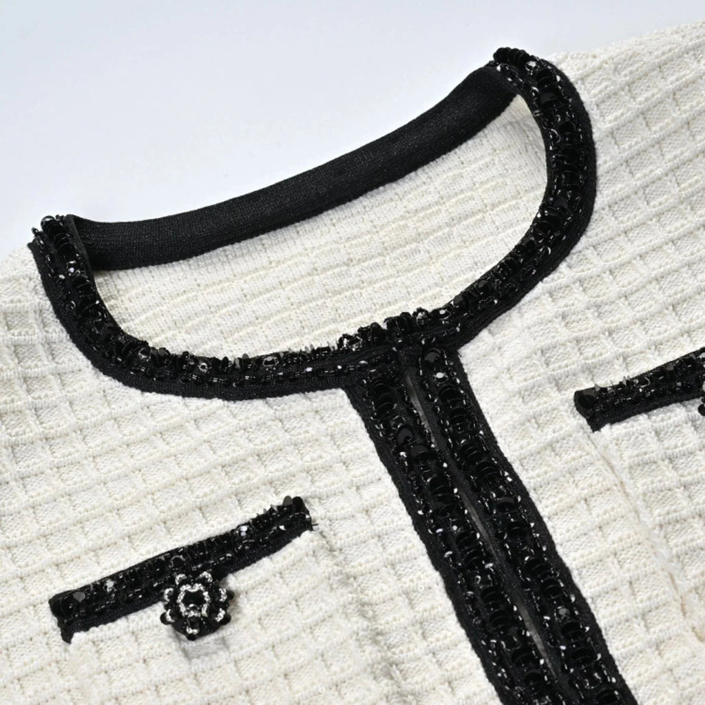 Adrianna Jacket & Skirt - Waffle Knit Texture - Bead Embellishments - Cropped Jacket Style - Pleated Hem