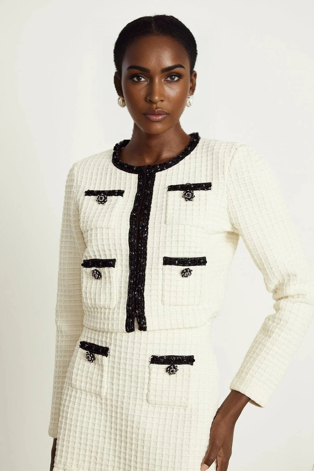 Adrianna Jacket & Skirt - Waffle Knit Texture - Bead Embellishments - Cropped Jacket Style - Pleated Hem