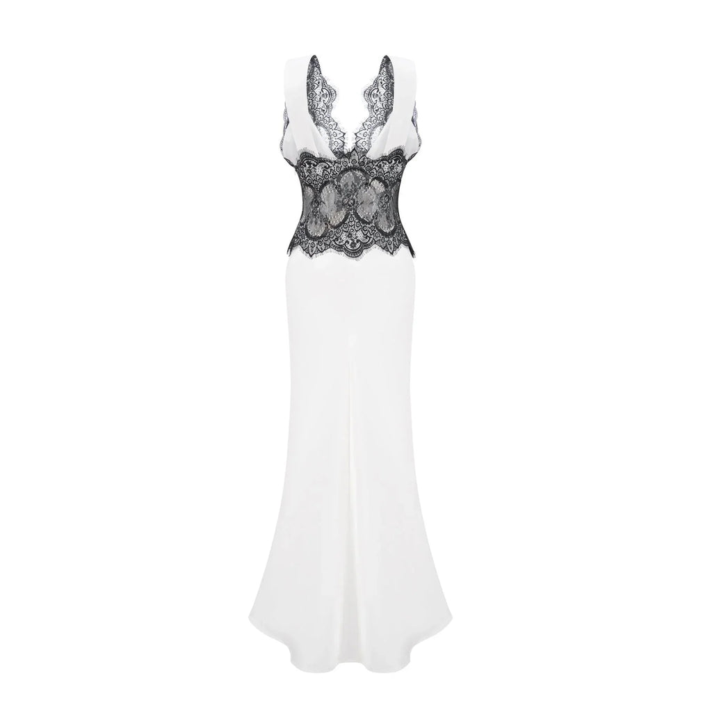 Adrianna Maxi Dress - V Neck - Sleeveless - Satin & Lace Overlay - Flared Hem - Contrast Colors