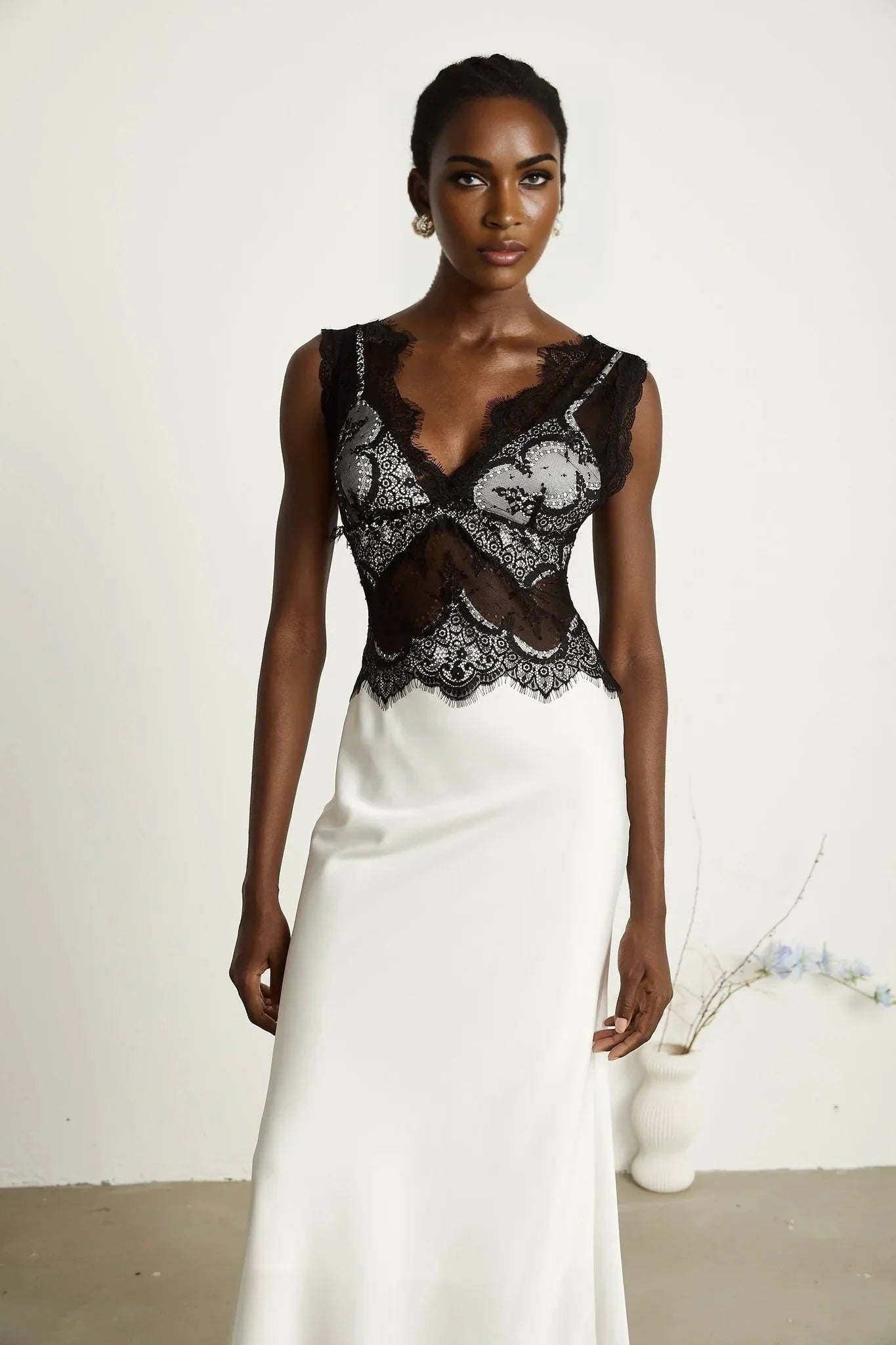 Adrianna Maxi Dress - V Neck - Sleeveless - Satin & Lace Overlay - Flared Hem - Contrast Colors