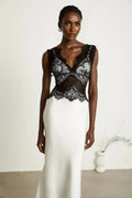 Adrianna Maxi Dress - V Neck - Sleeveless - Satin & Lace Overlay - Flared Hem - Contrast Colors