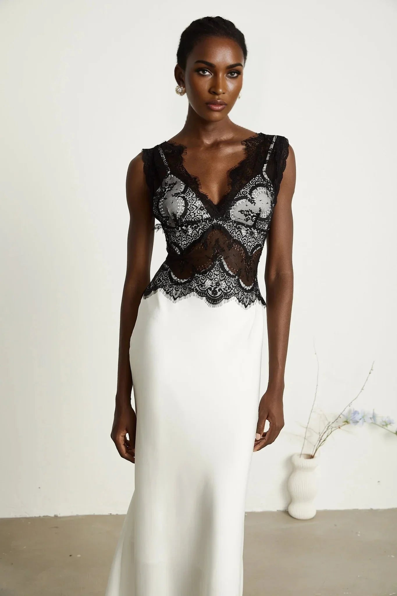 Adrianna Maxi Dress - V Neck - Sleeveless - Satin & Lace Overlay - Flared Hem - Contrast Colors