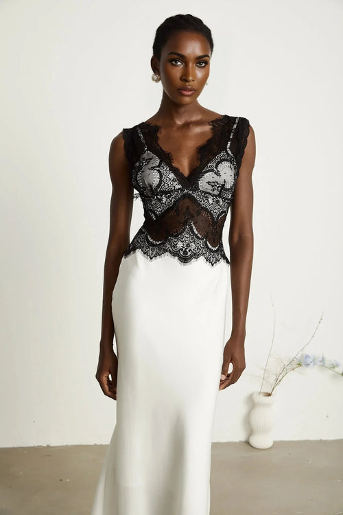 Adrianna Maxi Dress - V Neck - Sleeveless - Satin & Lace Overlay - Flared Hem - Contrast Colors