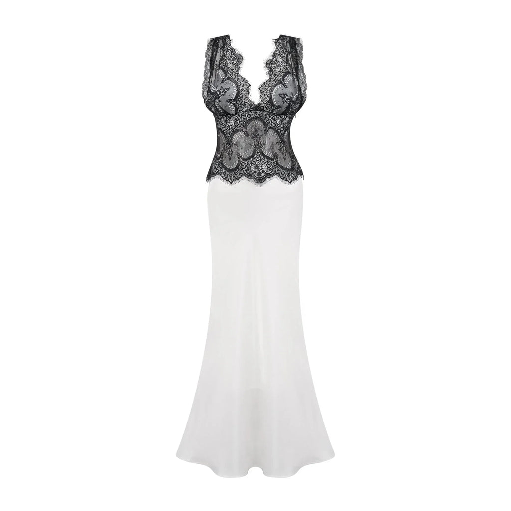 Adrianna Maxi Dress - V Neck - Sleeveless - Satin & Lace Overlay - Flared Hem - Contrast Colors