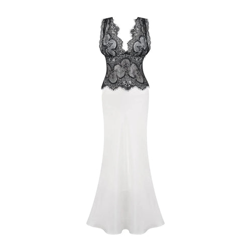 Adrianna Maxi Dress - V Neck - Sleeveless - Satin & Lace Overlay - Flared Hem - Contrast Colors