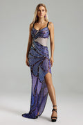 Adrianna Purple Printed Diamante Detail Dress with High Slit and Sling Straps