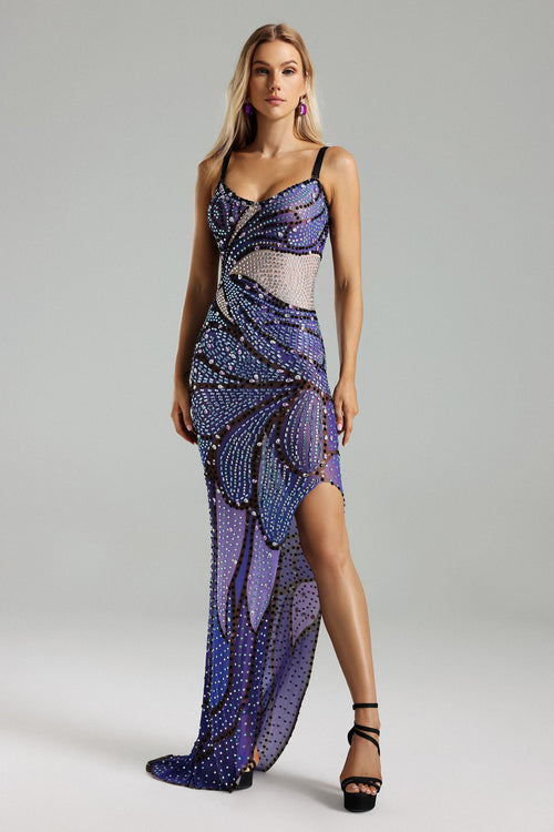 Adrianna Purple Printed Diamante Detail Dress with High Slit and Sling Straps