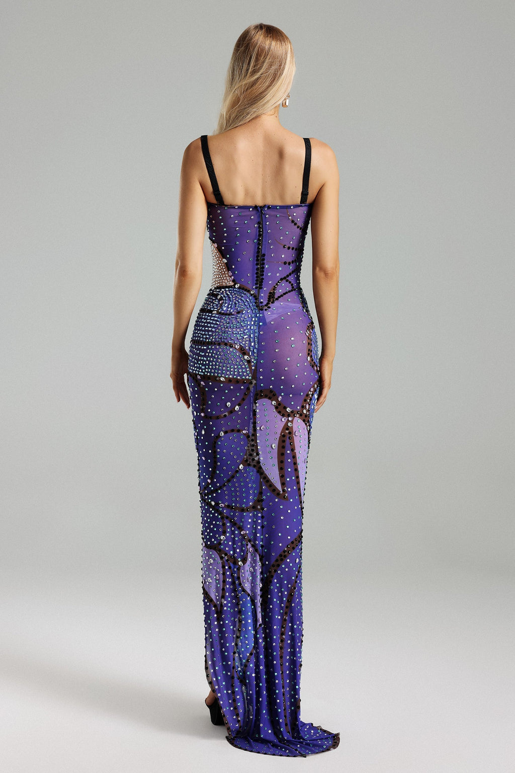 Adrianna Purple Printed Diamante Detailing Sling Strap High Slit Dress
