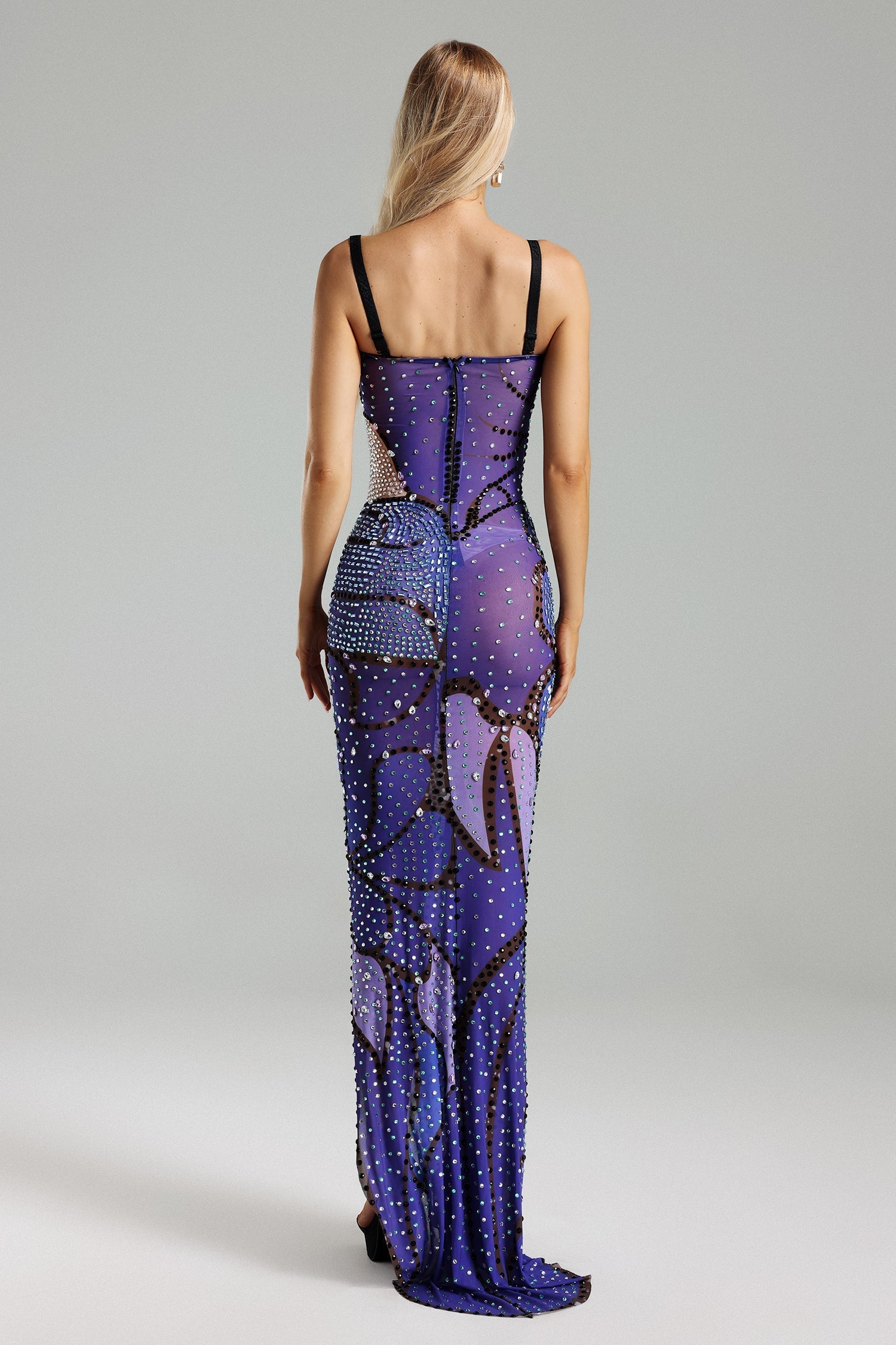Adrianna Purple Printed Diamante Detailing Sling Strap High Slit Dress