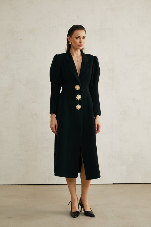 Aëlle Midi Coat - Statement Buttons - Pleated Shoulders - Lapel Collar - Tailored Fit