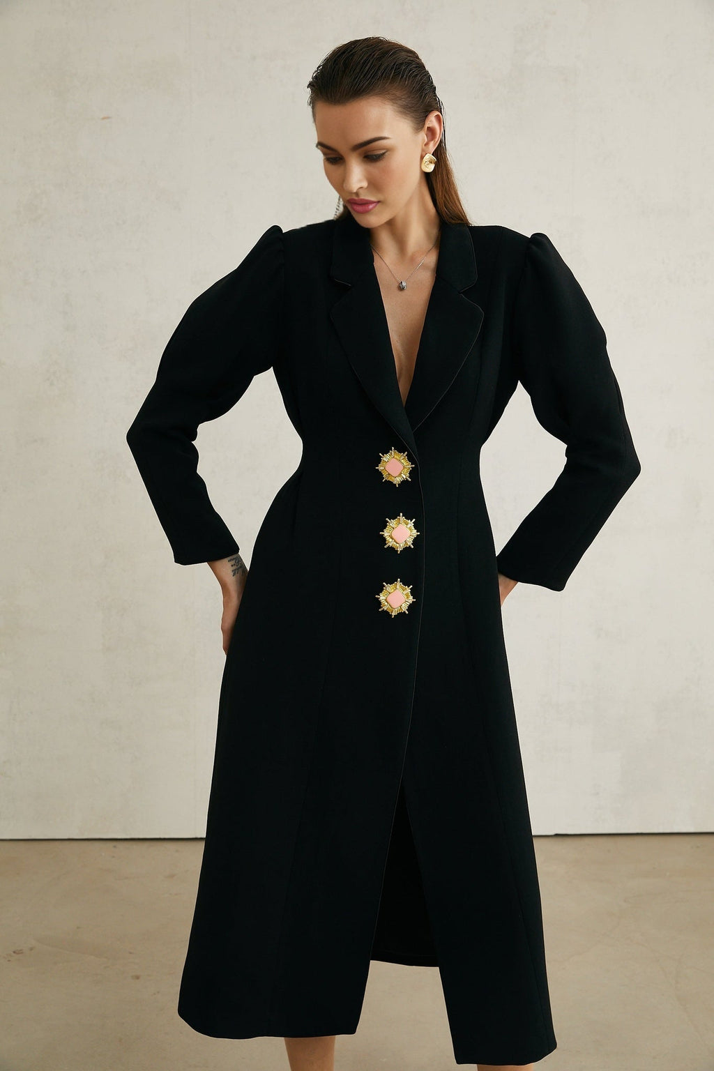 Aëlle Midi Coat - Statement Buttons - Pleated Shoulders - Lapel Collar - Tailored Fit