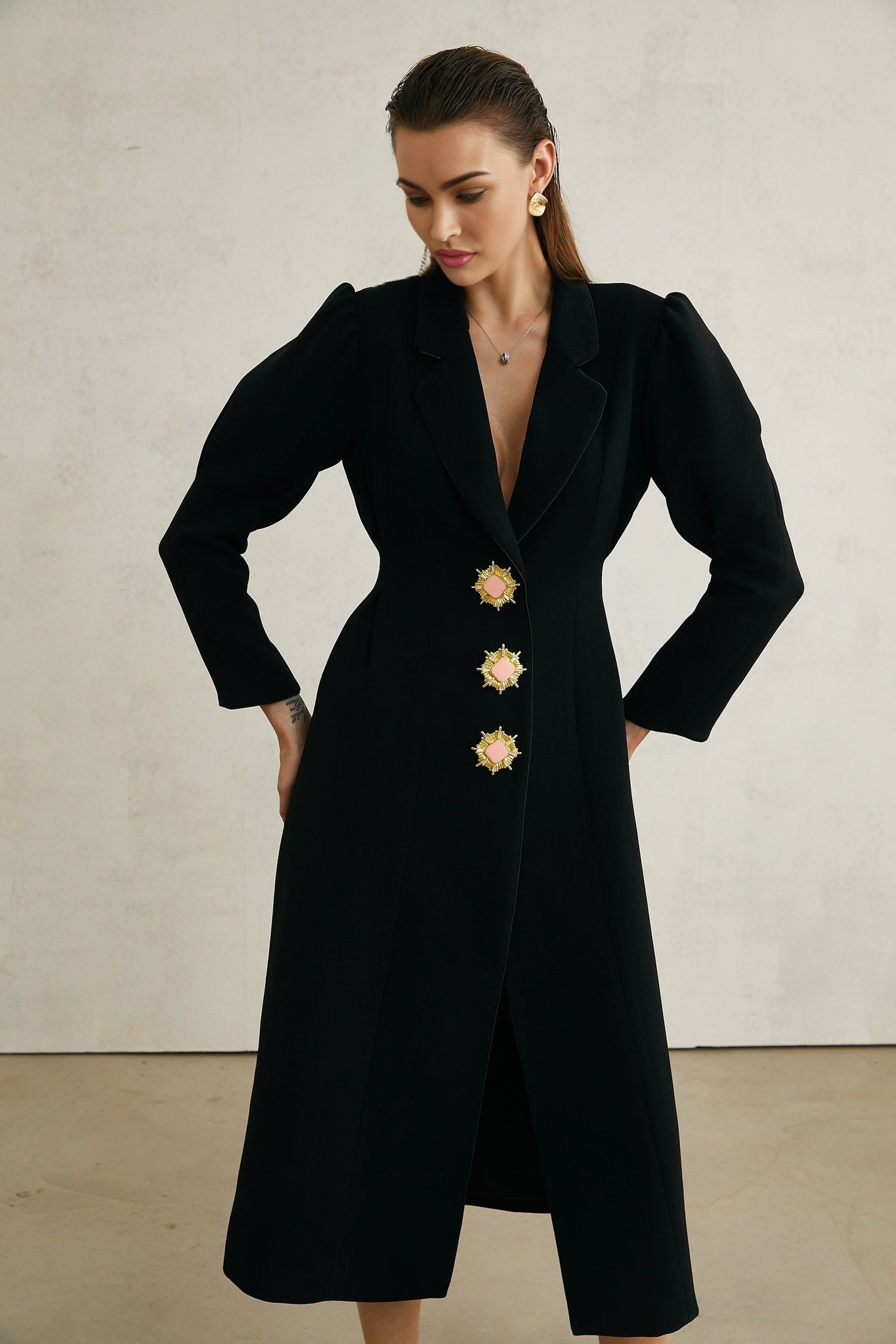 Aëlle Midi Coat - Statement Buttons - Pleated Shoulders - Lapel Collar - Tailored Fit