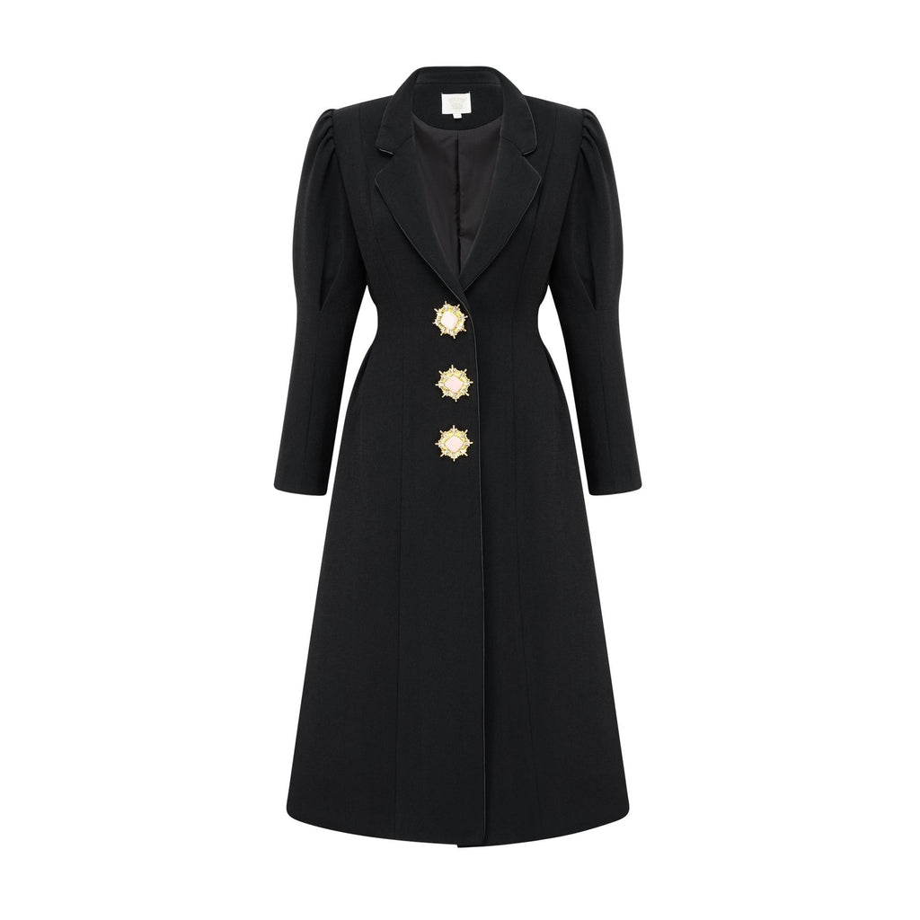 Aëlle Midi Coat - Statement Buttons - Pleated Shoulders - Lapel Collar - Tailored Fit