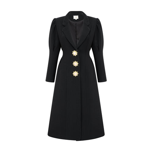 Aëlle Midi Coat - Statement Buttons - Pleated Shoulders - Lapel Collar - Tailored Fit