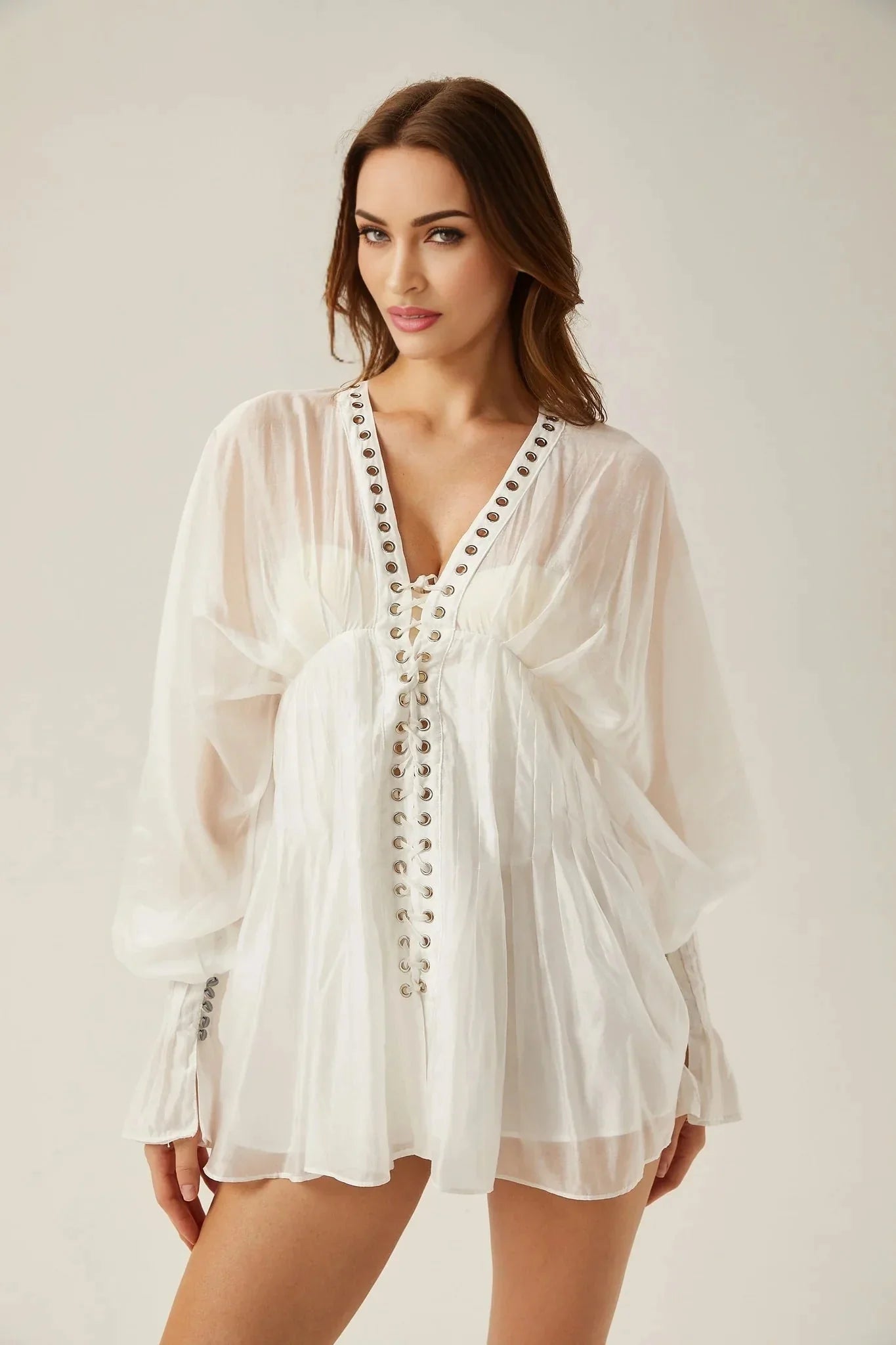 Agata Mini Dress - Plunging V Neck - Semi - Sheer - Cinched Waist - Puff Sleeves