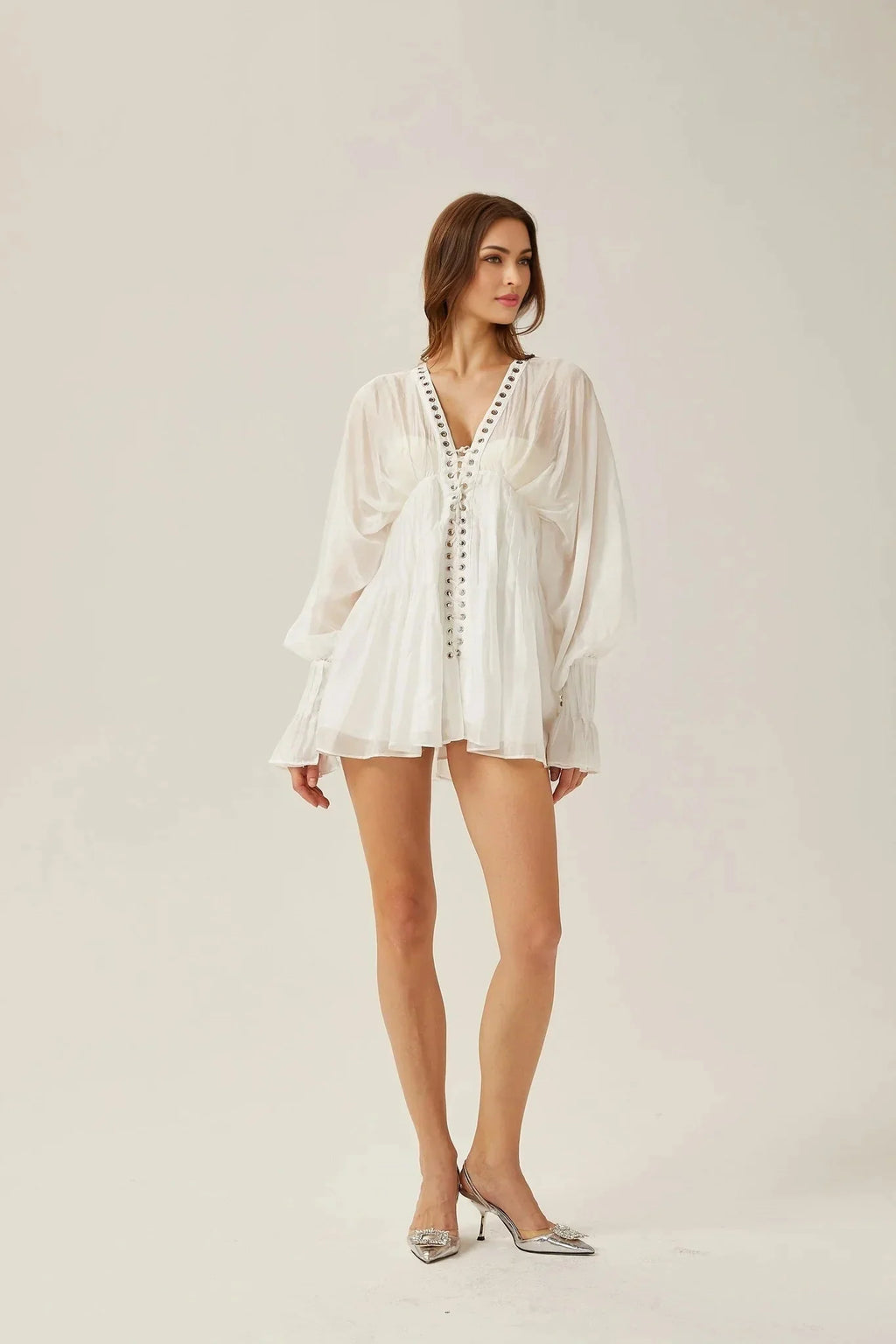 Agata Mini Dress - Plunging V Neck - Semi - Sheer - Cinched Waist - Puff Sleeves