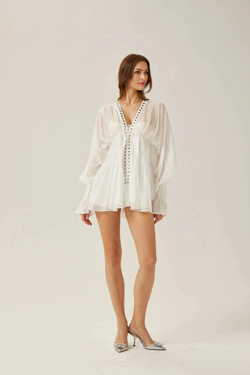Agata Mini Dress - Plunging V Neck - Semi - Sheer - Cinched Waist - Puff Sleeves