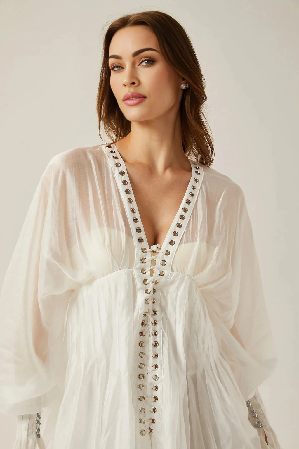 Agata Mini Dress - Plunging V Neck - Semi - Sheer - Cinched Waist - Puff Sleeves