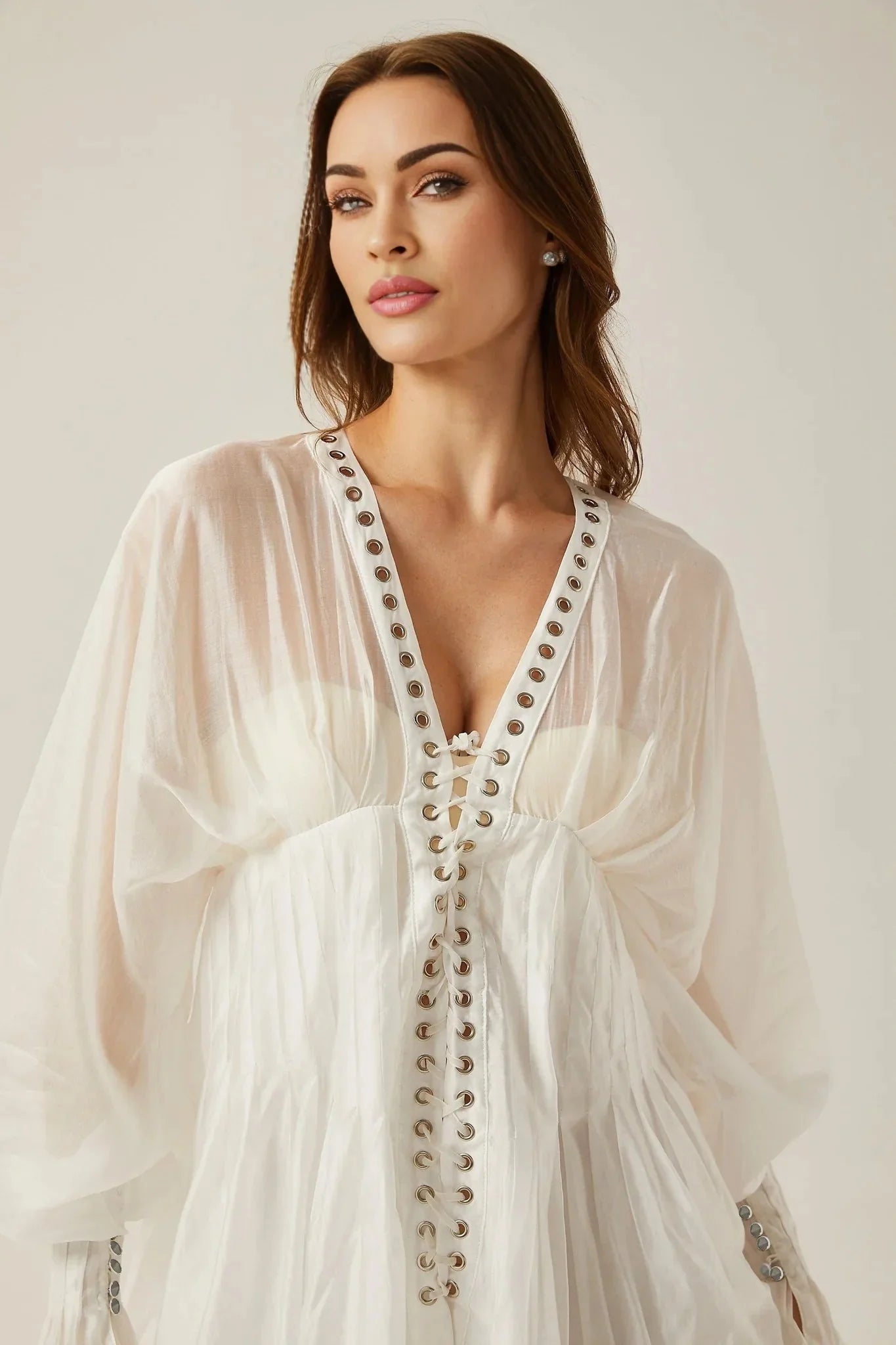 Agata Mini Dress - Plunging V Neck - Semi - Sheer - Cinched Waist - Puff Sleeves
