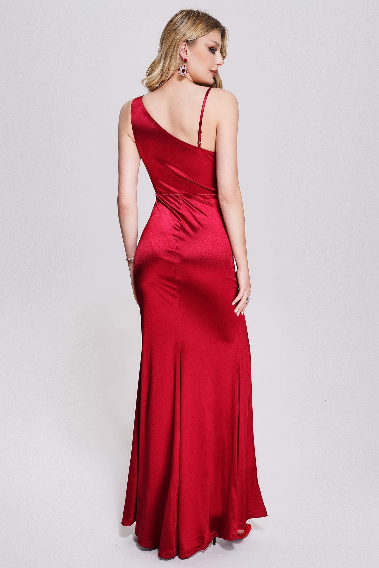 Agata Red Satin Cutout Waist Slit Ruffle Evening Dress