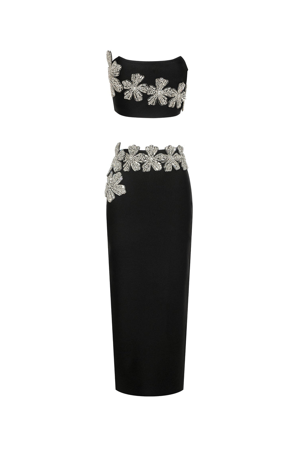 Agnese Black Floral Diamond Embellished Strapless Dress