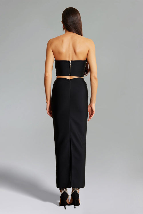 Agnese Black Floral Embellished Diamonds Strapless Dress