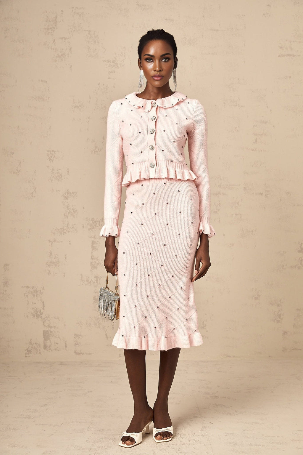 Agnese Cardigan & Skirt - Ribbed Knit Design - Argyle Check Pattern - Ruffled Trim - Pleated Accents