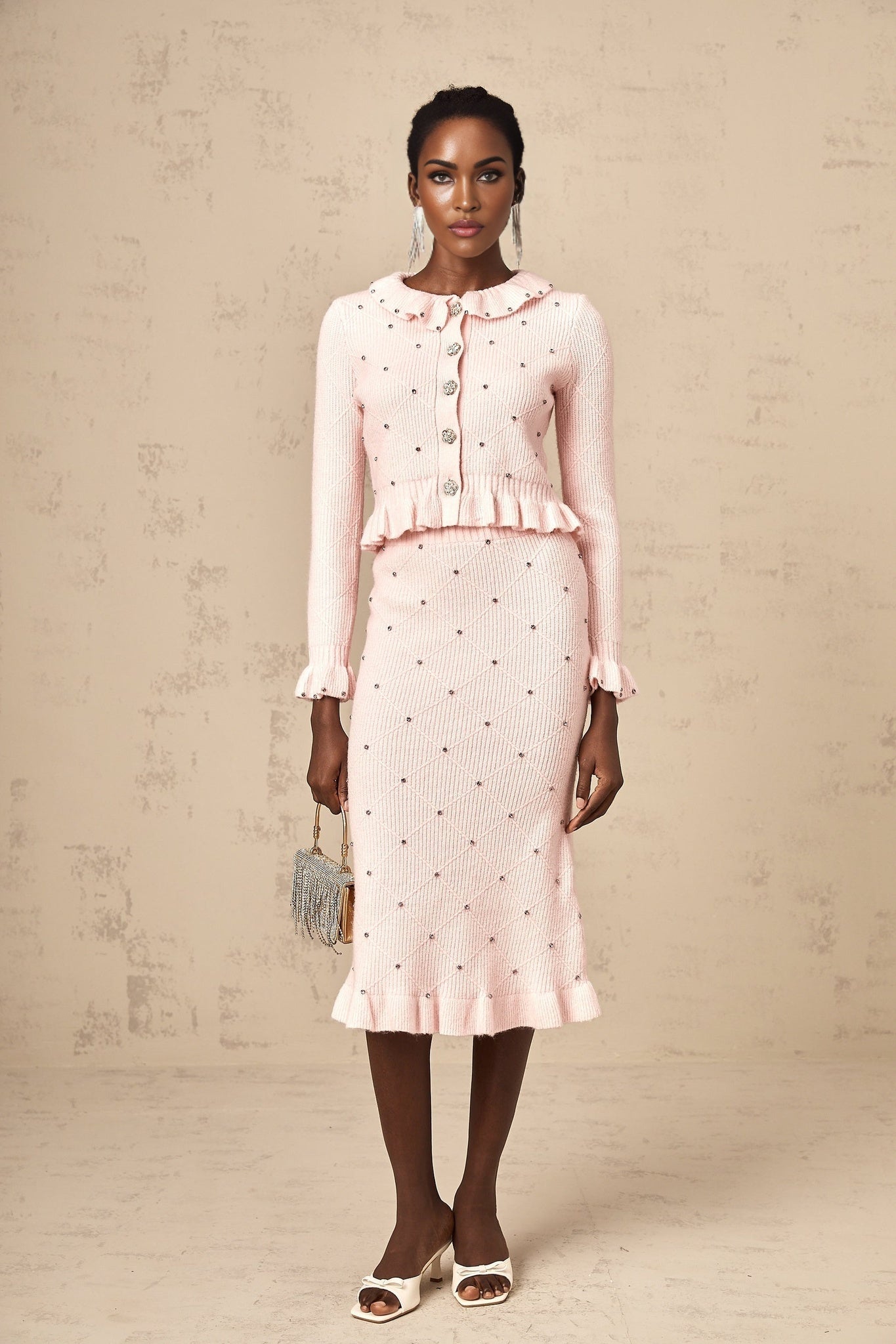 Agnese Cardigan & Skirt - Ribbed Knit Design - Argyle Check Pattern - Ruffled Trim - Pleated Accents