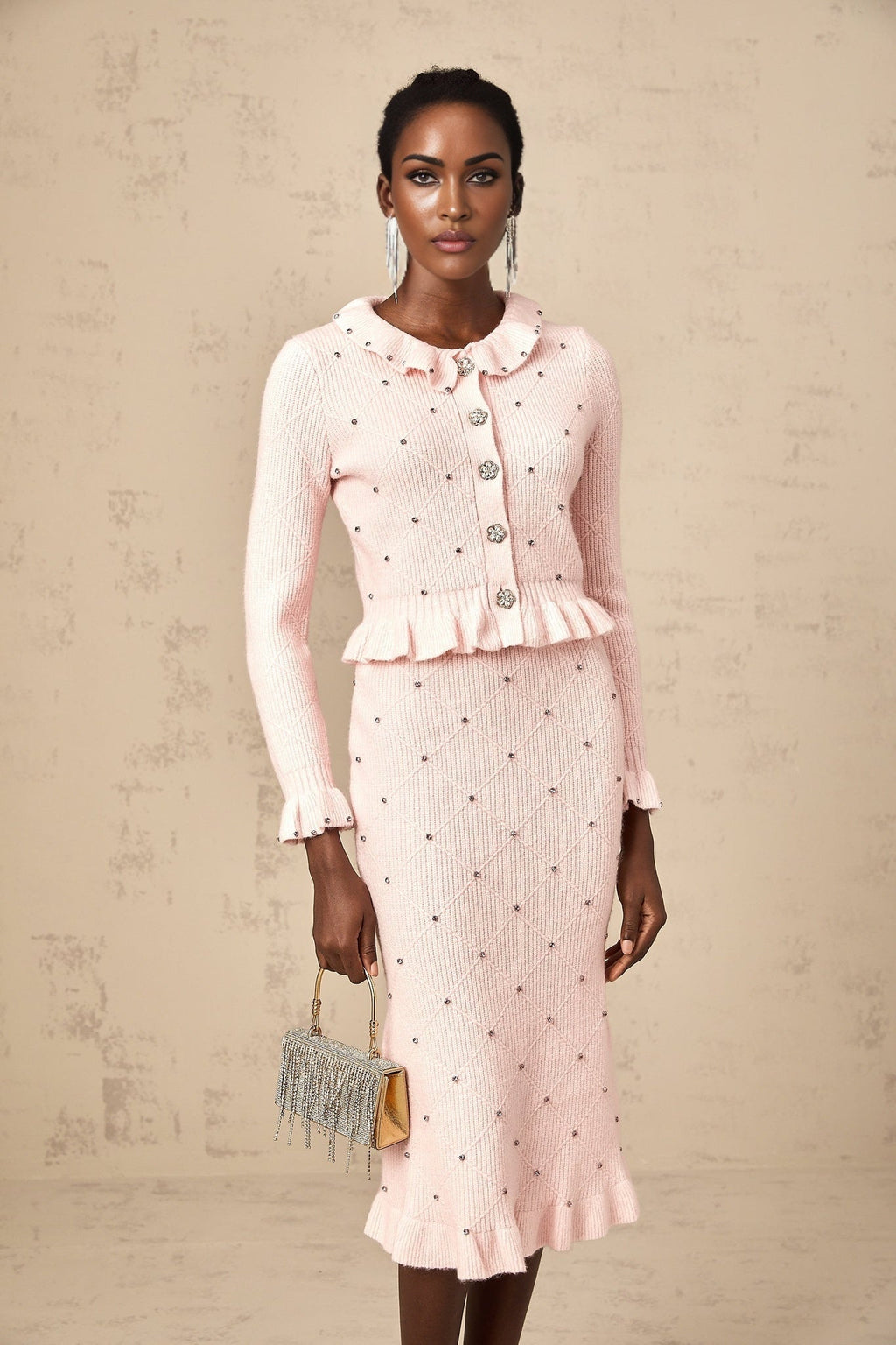 Agnese Cardigan & Skirt - Ribbed Knit Design - Argyle Check Pattern - Ruffled Trim - Pleated Accents